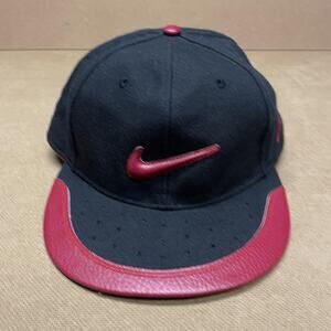 Nike Hat Cap Fitted Mens 7 3/4 Black Red Leather Brim Raised Swoosh Embroidered